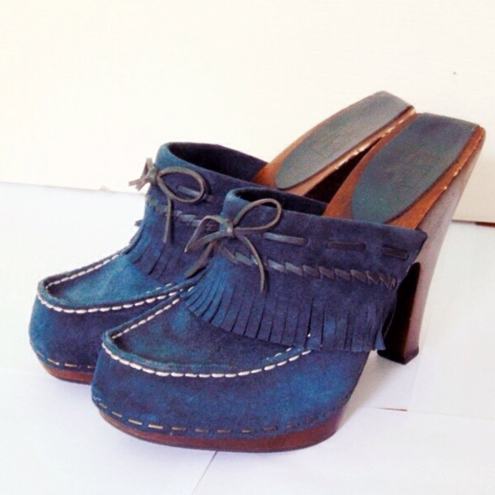 Brand New Frye Lacey Fringed Suede Heeled Mules